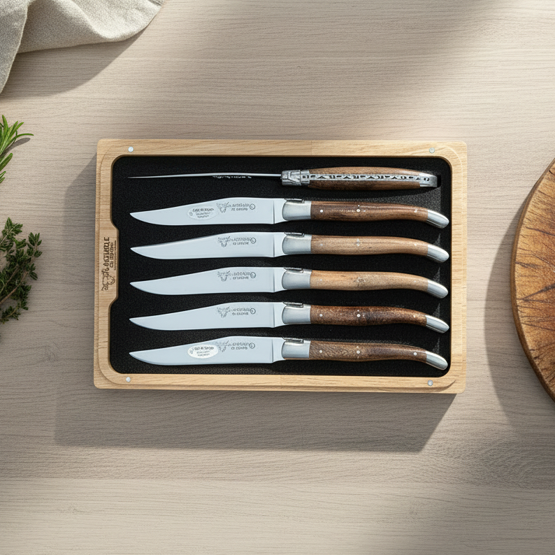 Boxed grapevine knives on a pale table with herbs and a wooden bowl