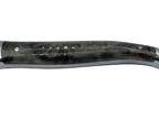 Close view of a charcoal burl handle with steel pins