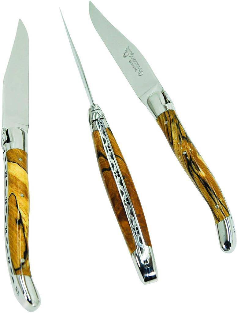 Three Aubrac wood steak knives shown at different angles