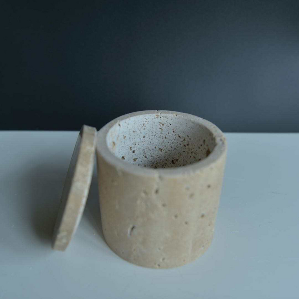 Rosalin Travertine Vessel with Lid, 3.9"D X 3.9"H