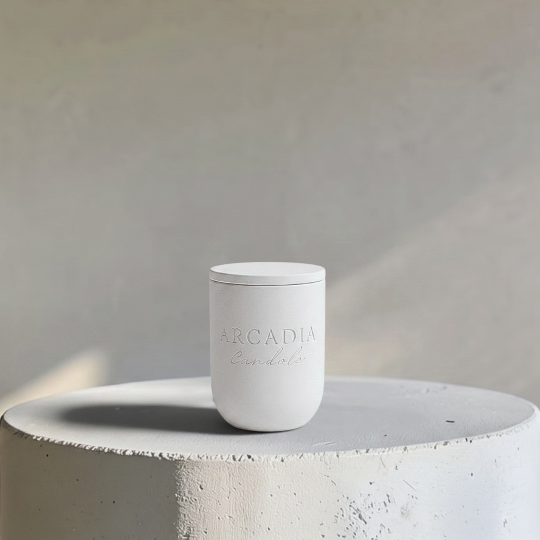 Nova Linen White Modern Stone Candēla Vessel with Lid, 2.3"D x 4"H