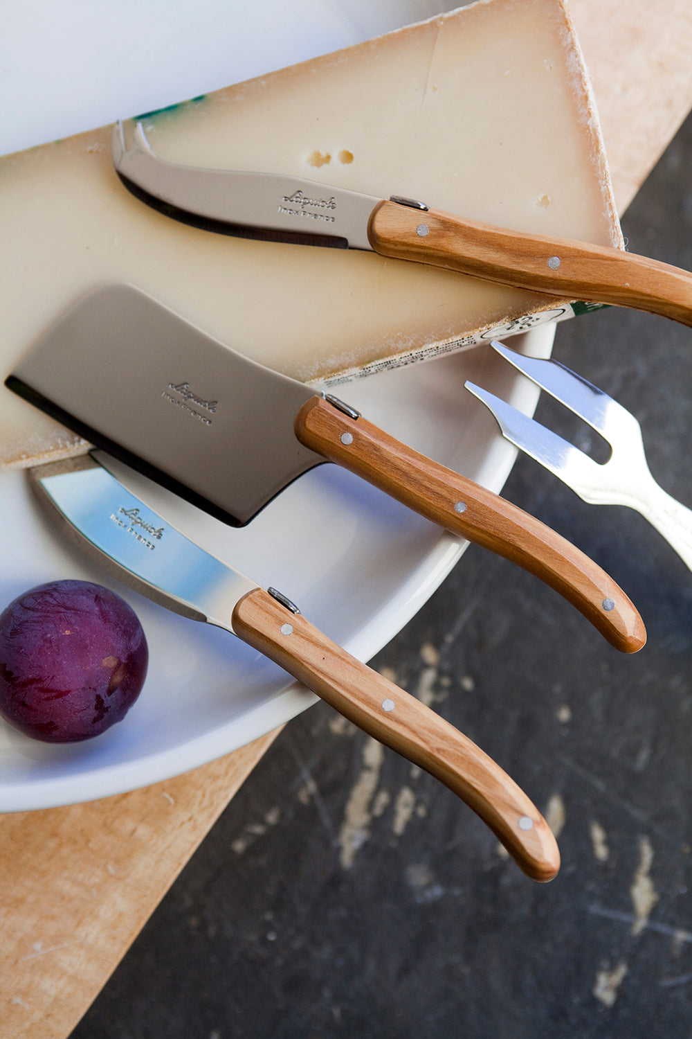 Laguiole 3 Piece Mini Cheese Utensil Set, Olivewood in Wood Box with Acrylic Lid