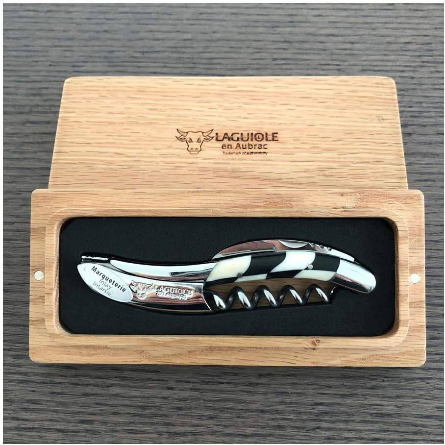 Black and ivory checkerboard corkscrew in an open French oak gift box