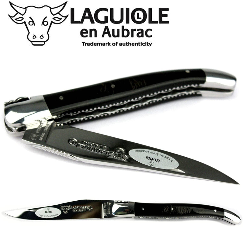 Close view of the black horn handle and polished blade half open