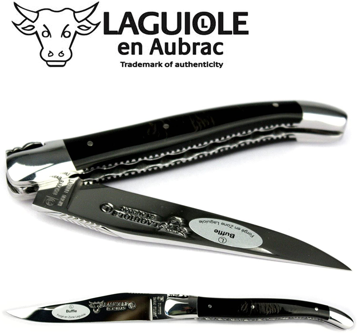 Close view of the black horn handle and polished blade half open