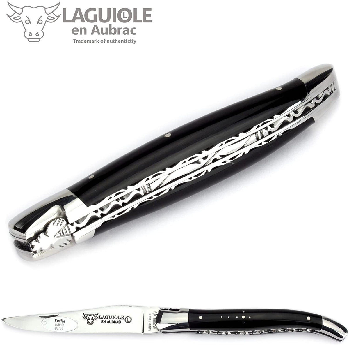 Closed knife at an angle showing the decorated back
