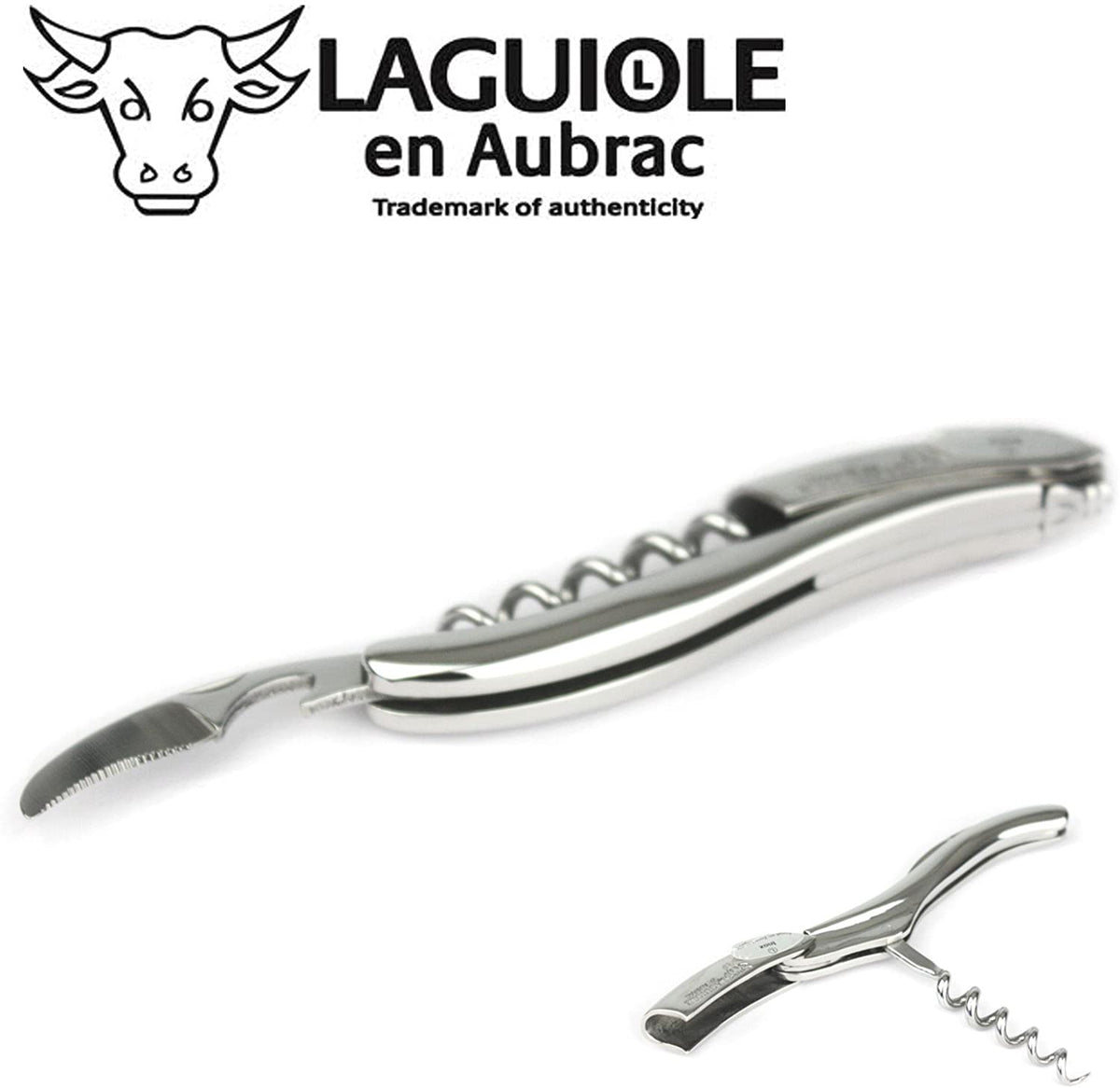 Opened and folded polished steel corkscrews shown together with the brand logo