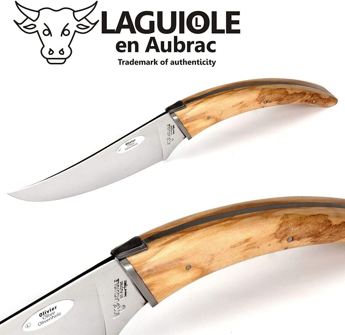 Two close views of the curved handle and blade with the brand logo