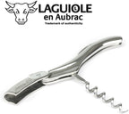 Polished steel corkscrew opened to show the spiral beside the Laguiole en Aubrac logo