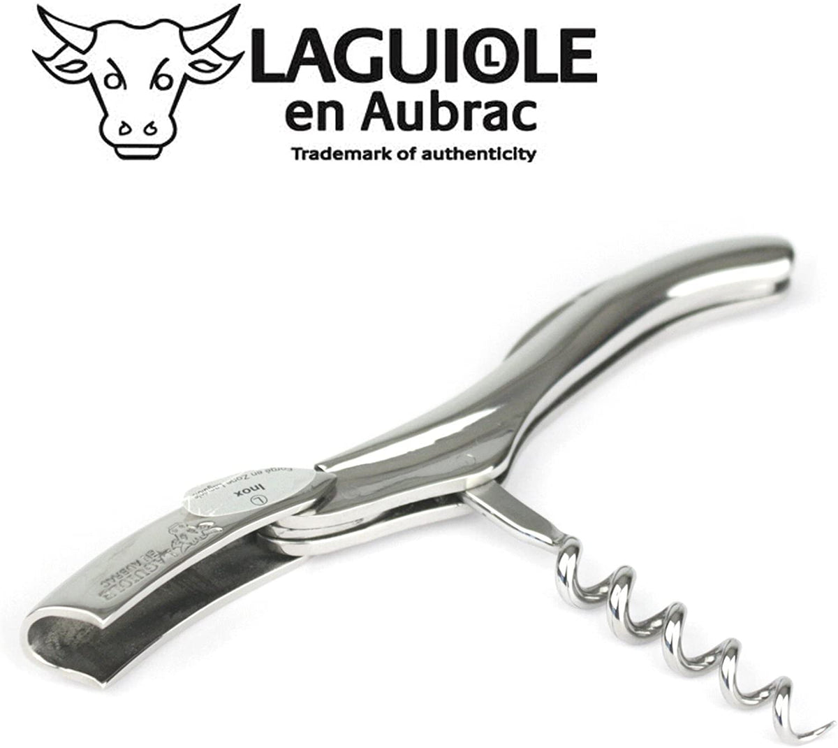 Polished steel corkscrew opened to show the spiral beside the Laguiole en Aubrac logo
