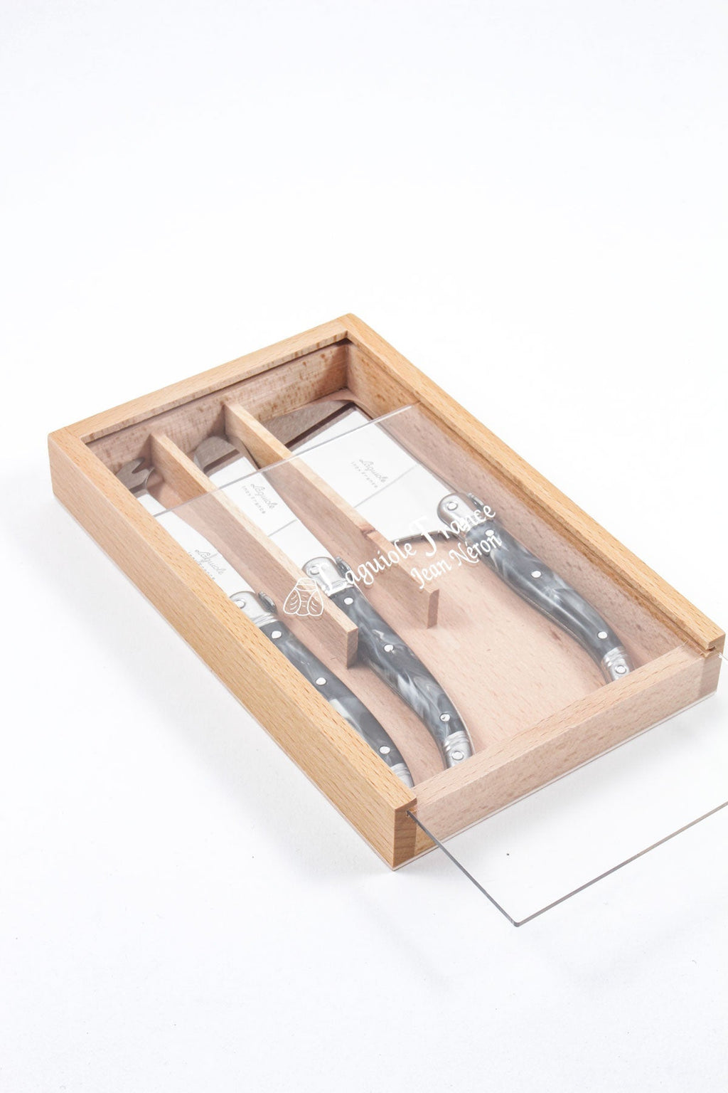 Laguiole 3 Piece Mini Cheese Utensil Set, Black Marble in Wood Box with Acrylic Lid