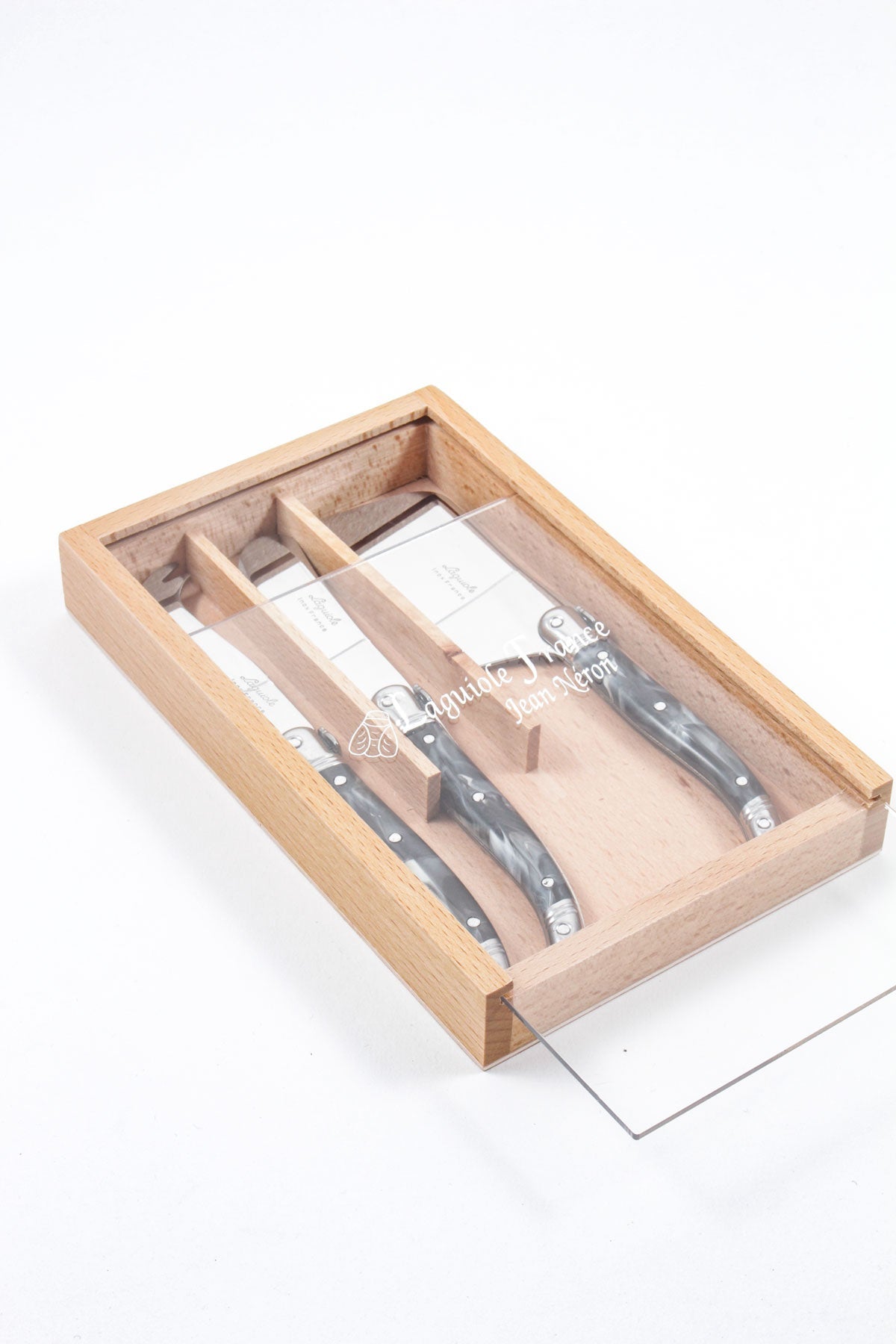 Laguiole 3 Piece Mini Cheese Utensil Set, Black Marble in Wood Box with Acrylic Lid
