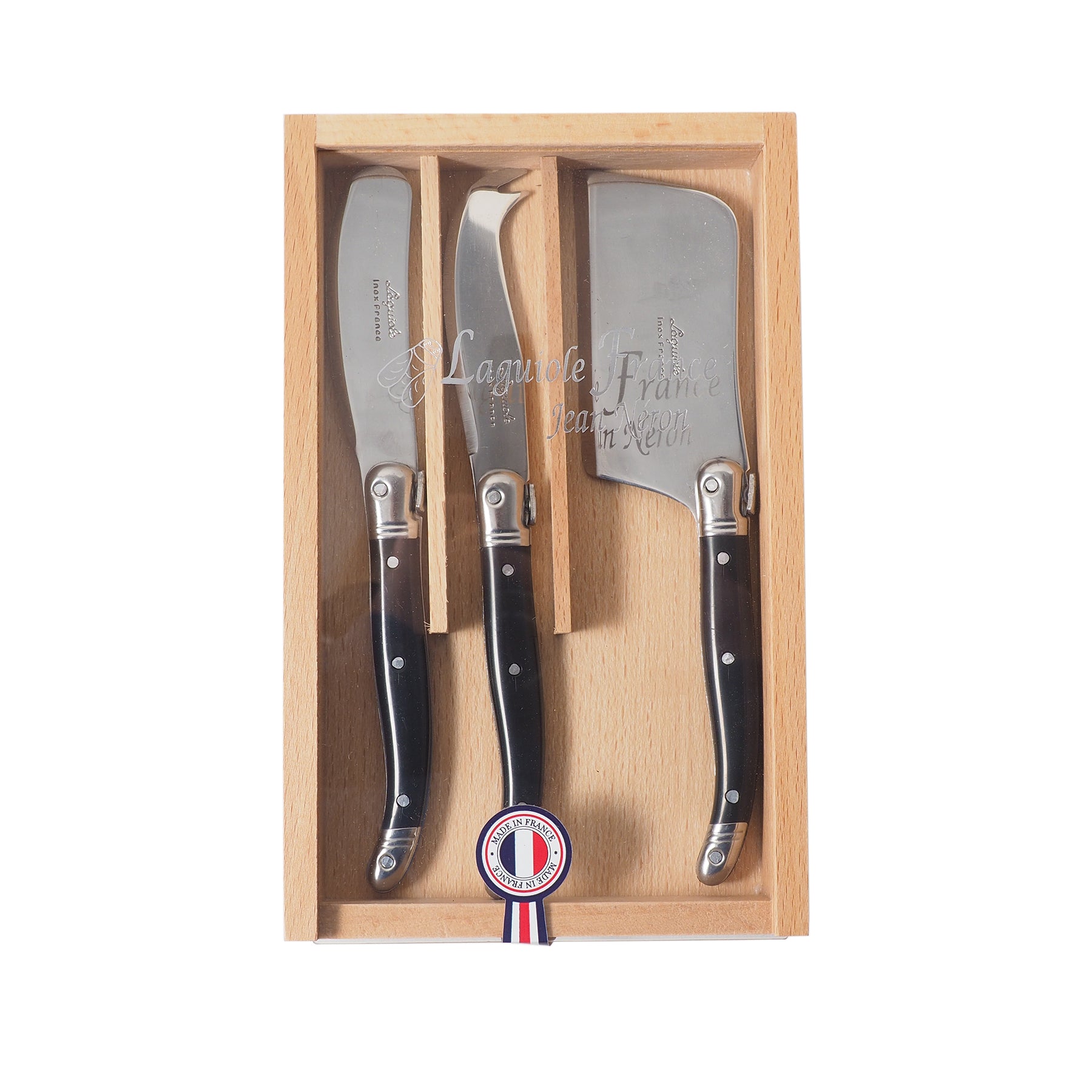 Laguiole 3 Piece Mini Cheese Utensil Set, Black in Wood Box with Acrylic Lid