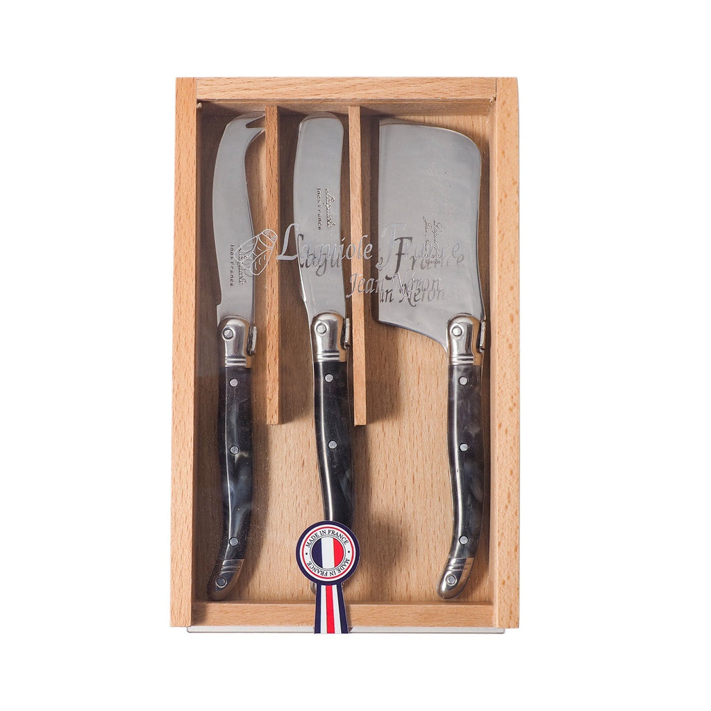 Laguiole 3 Piece Mini Cheese Utensil Set, Black Marble in Wood Box with Acrylic Lid