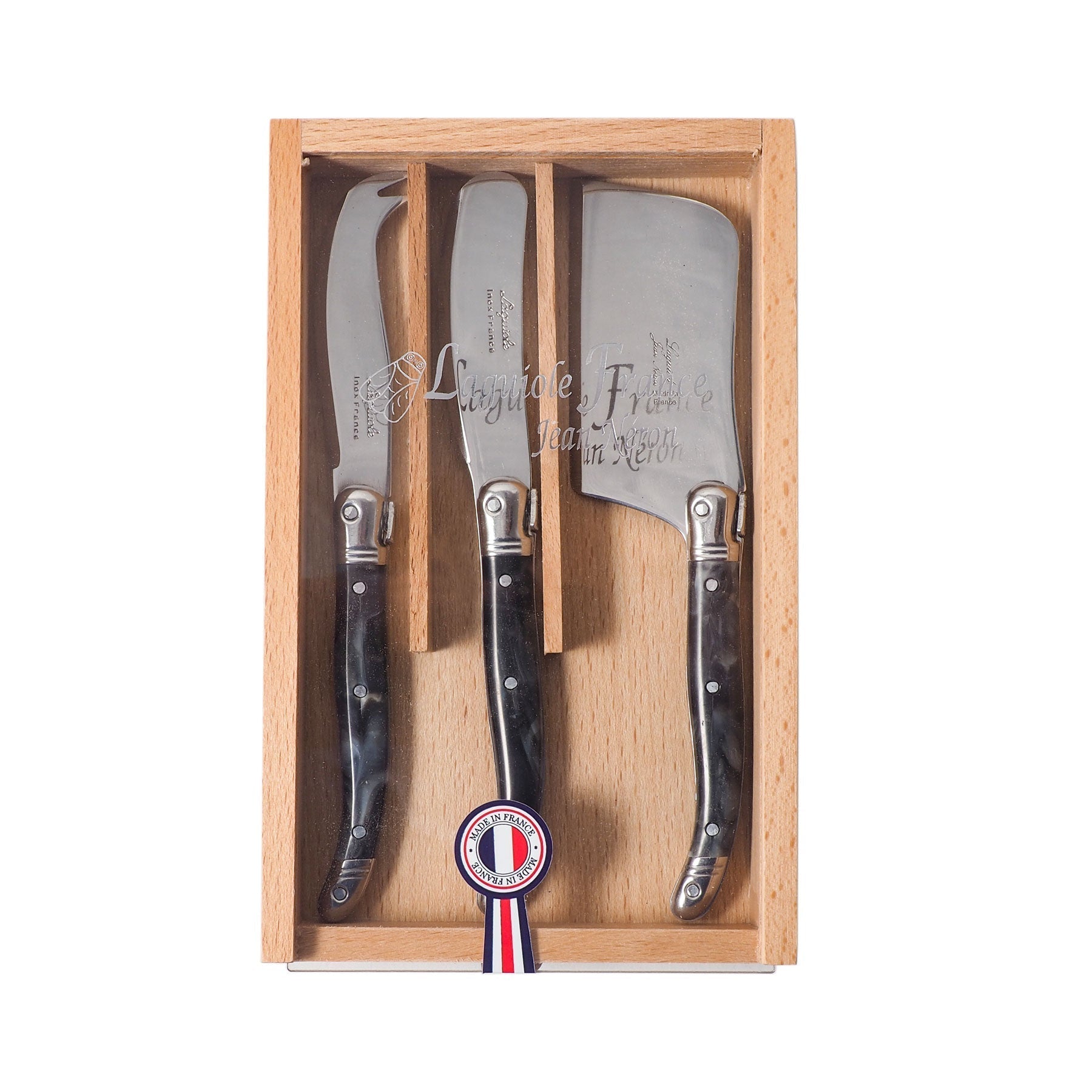 Laguiole 3 Piece Mini Cheese Utensil Set, Black Marble in Wood Box with Acrylic Lid