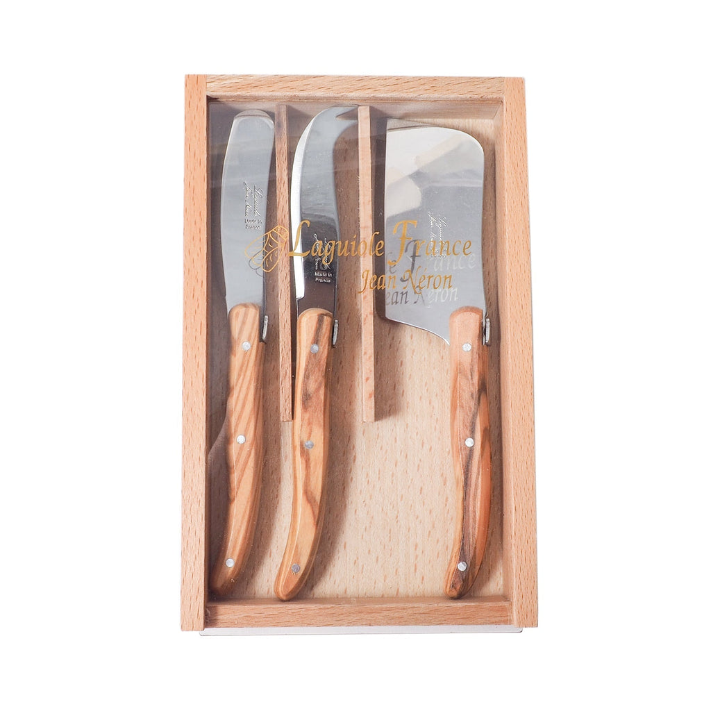 Laguiole 3 Piece Mini Cheese Utensil Set, Olivewood in Wood Box with Acrylic Lid