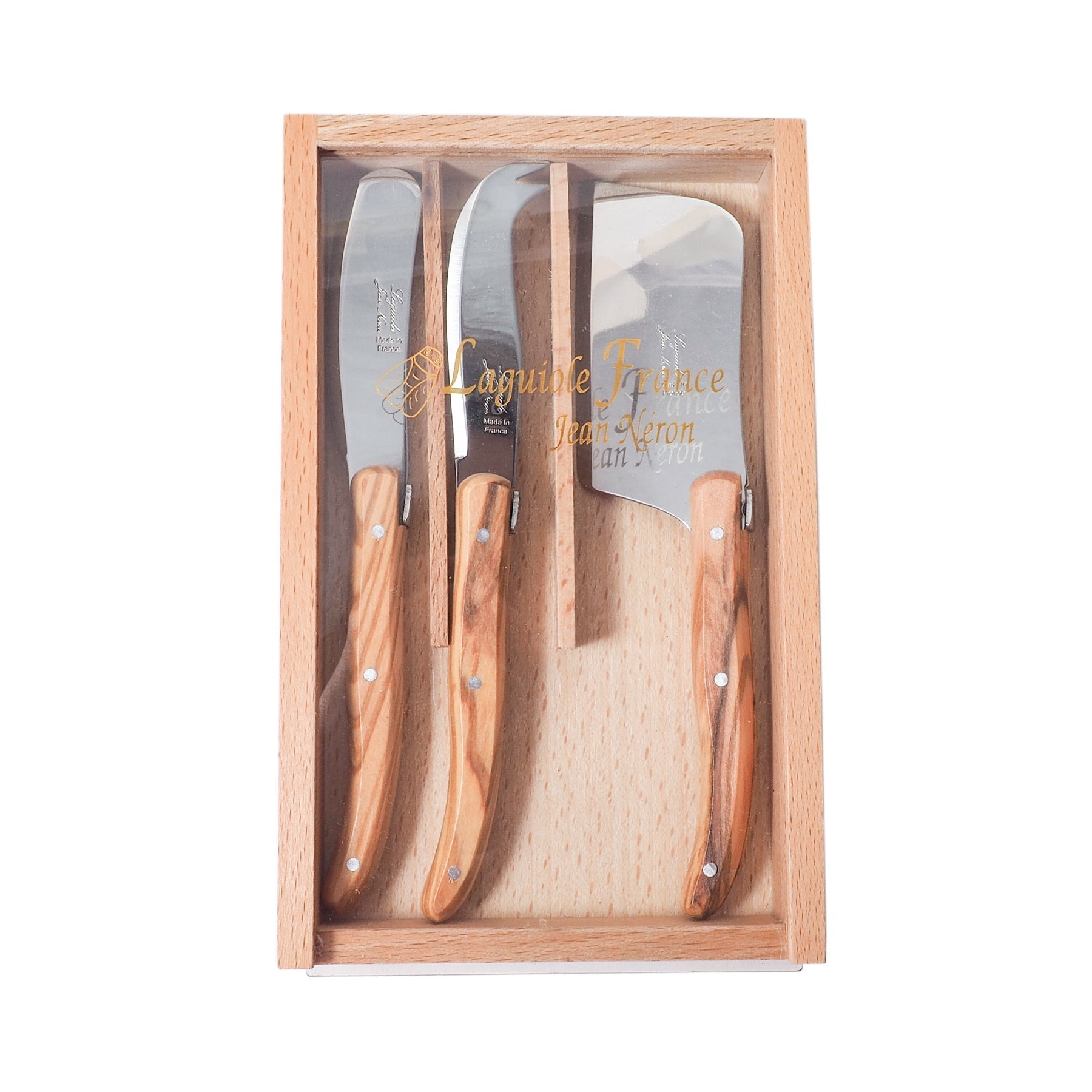 Laguiole 3 Piece Mini Cheese Utensil Set, Olivewood in Wood Box with Acrylic Lid