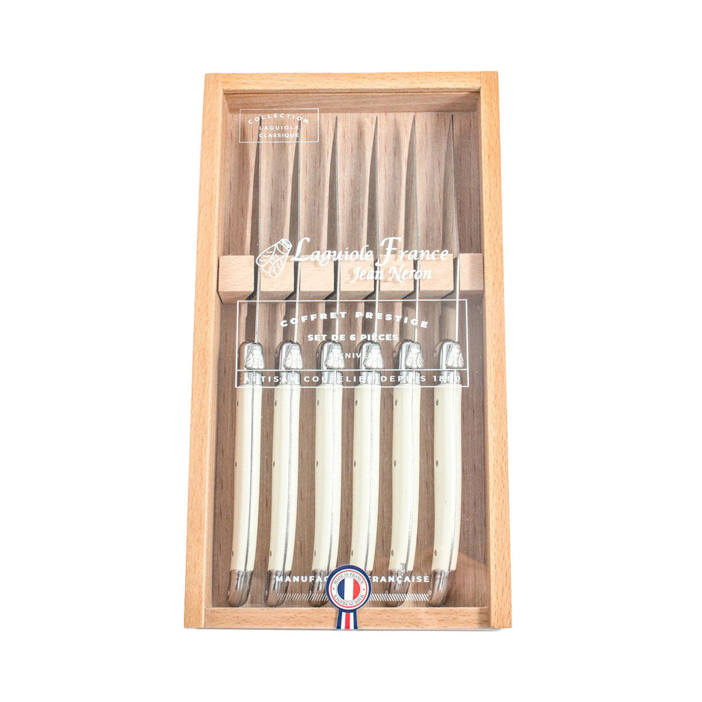 Laguiole 6 Piece Steak Knife Set, Ivory in Wood Box with Acrylic Lid