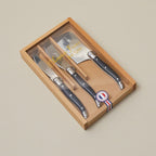 Laguiole 3 Piece Mini Cheese Utensil Set, Black in Wood Box with Acrylic Lid