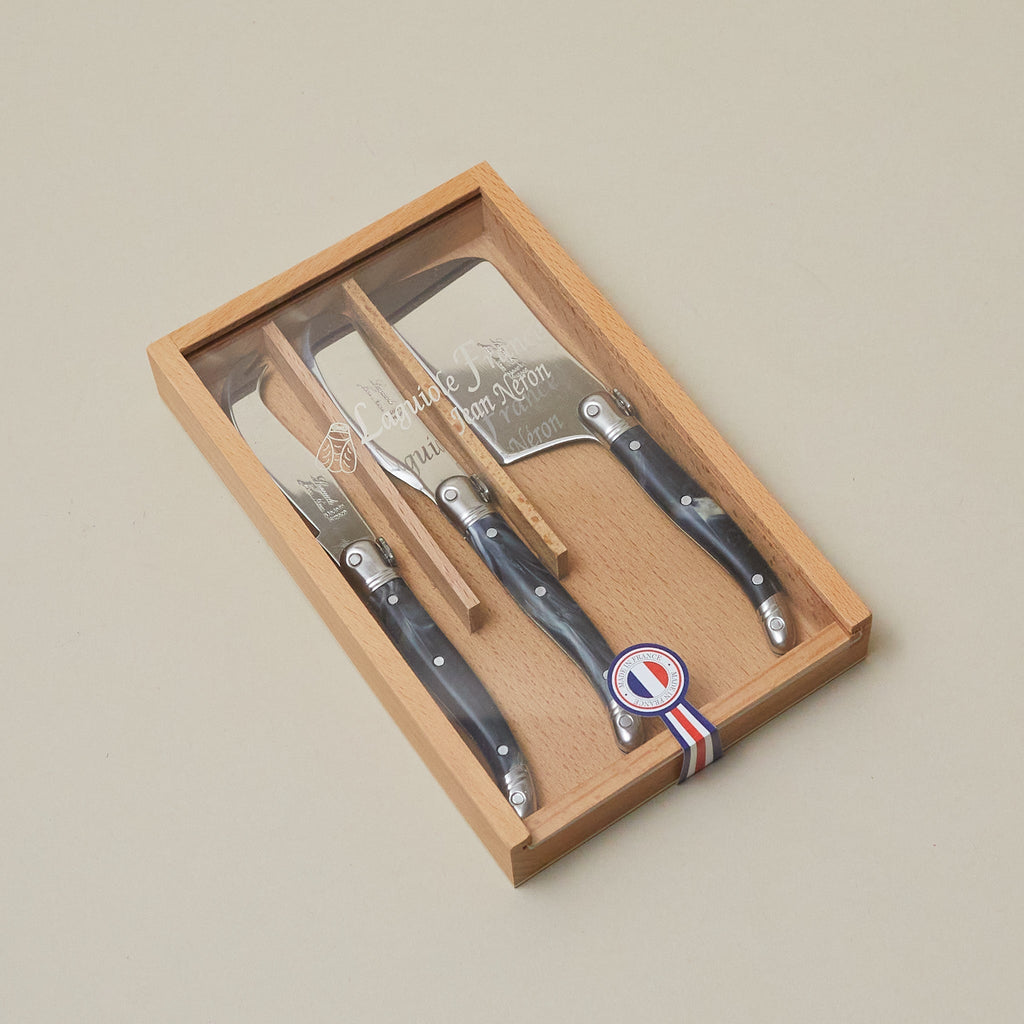 Laguiole 3 Piece Mini Cheese Utensil Set, Black Marble in Wood Box with Acrylic Lid