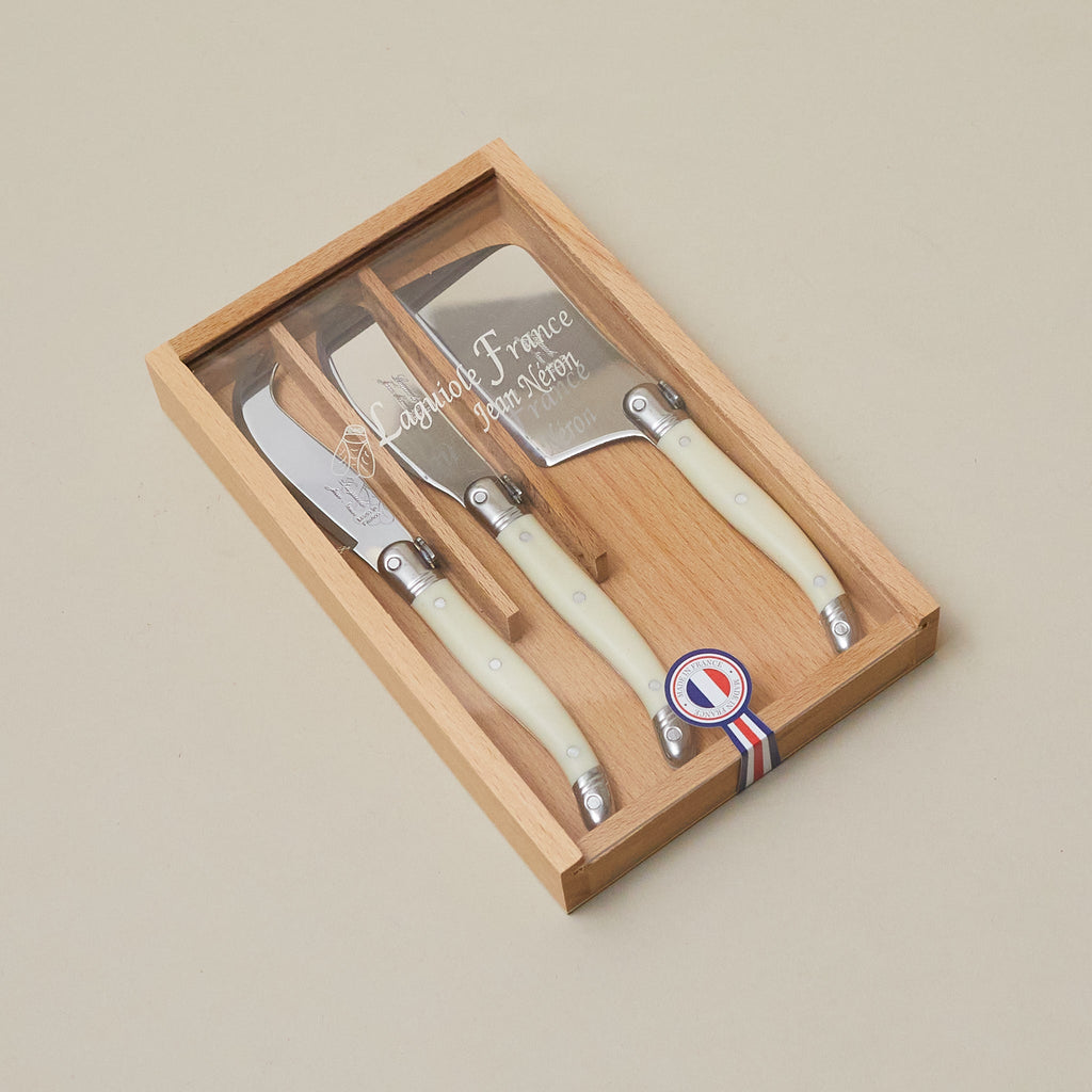 Laguiole 3 Piece Mini Cheese Utensil Set, Ivory in Wood Box with Acrylic Lid