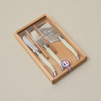 Laguiole 3 Piece Mini Cheese Utensil Set, Ivory in Wood Box with Acrylic Lid