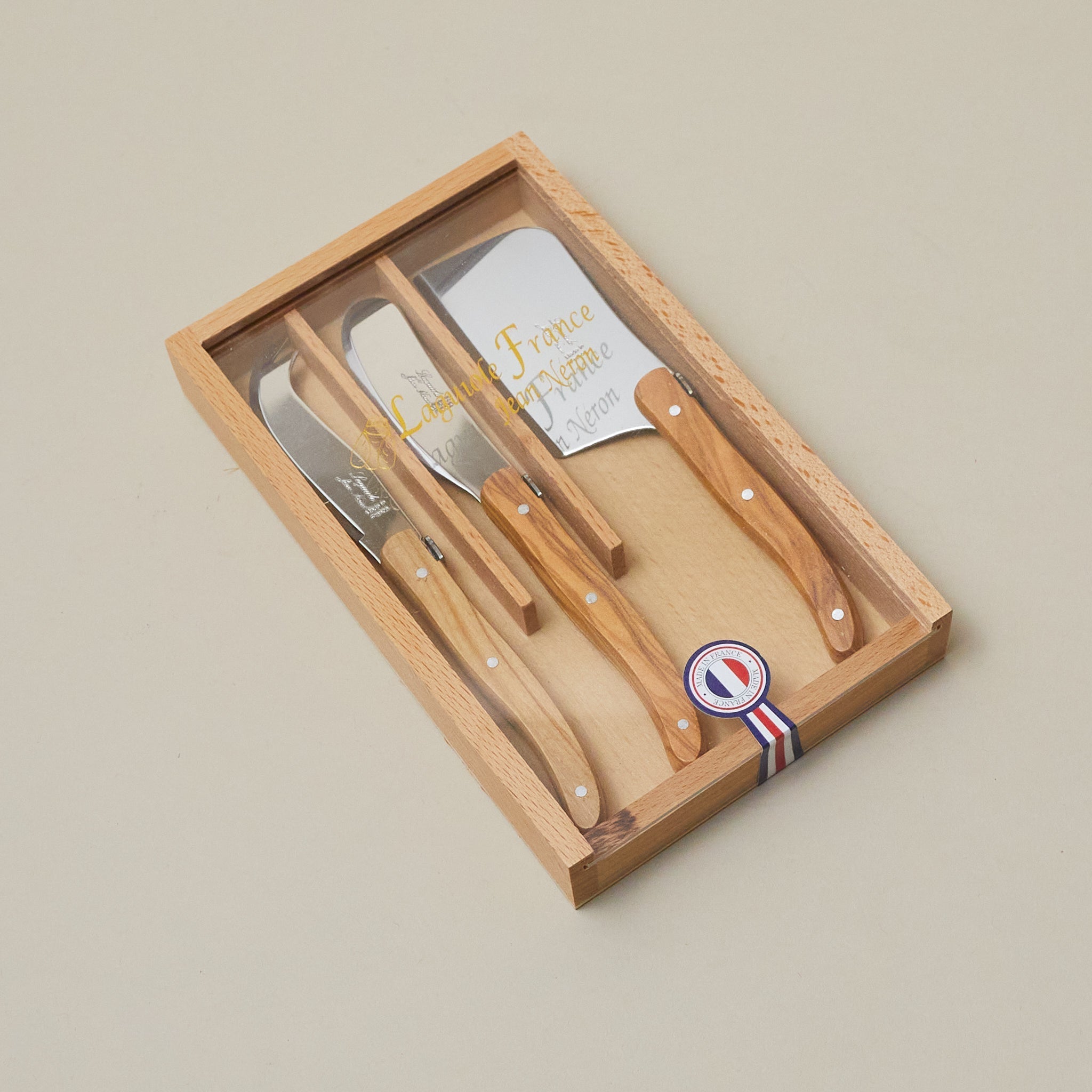 Laguiole 3 Piece Mini Cheese Utensil Set, Olivewood in Wood Box with Acrylic Lid