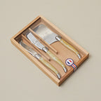 Laguiole 3 Piece Mini Cheese Utensil Set, Pale Horn in Wood Box with Acrylic Lid
