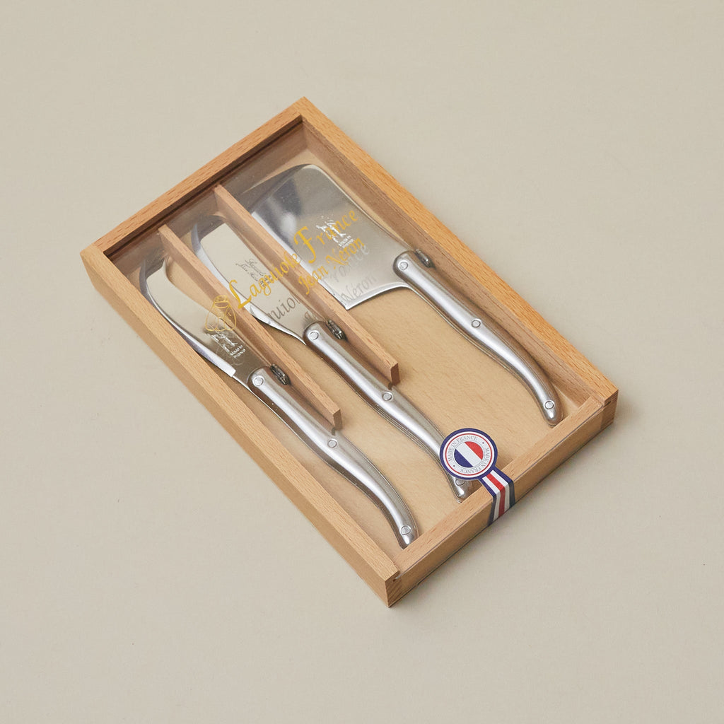 Laguiole 3 Piece Mini Cheese Utensil Set, Stainless Steel in Wood Box with Acrylic Lid