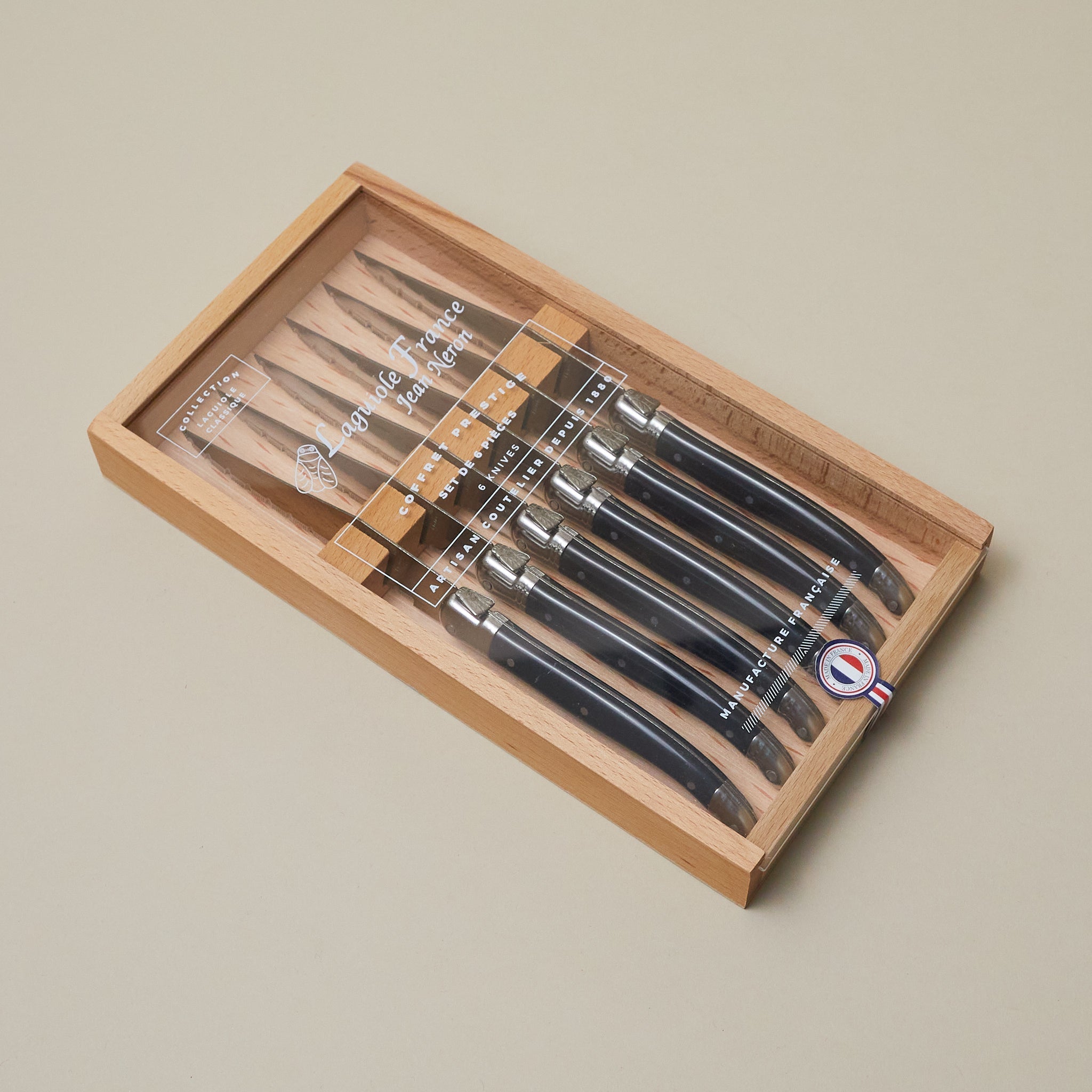 Laguiole 6 Piece Steak Knife Set, Black in Wood Box with Acrylic Lid