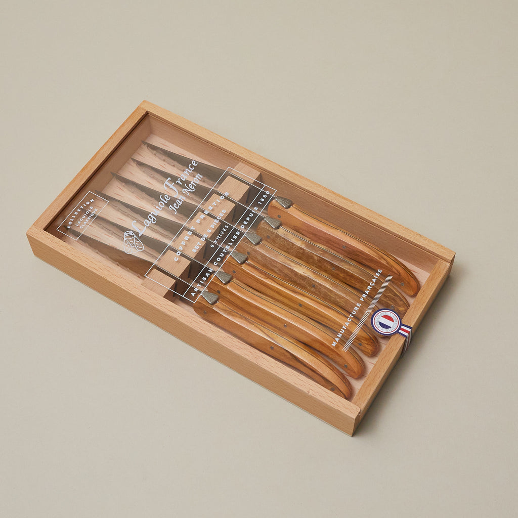 Laguiole 6 Piece Steak Knife Set, Olivewood in Wood Box with Acrylic Lid