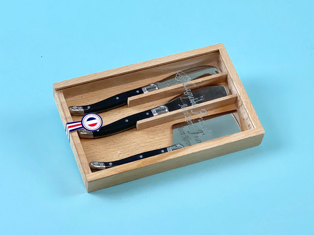 Laguiole 3 Piece Mini Cheese Utensil Set, Black in Wood Box with Acrylic Lid