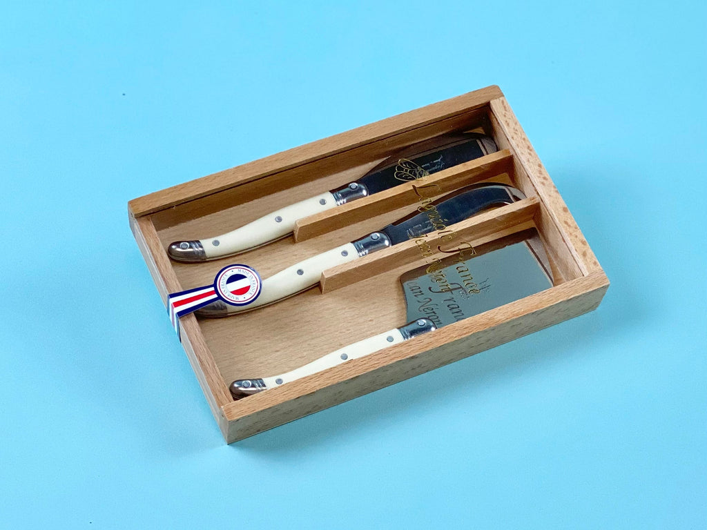 Laguiole 3 Piece Mini Cheese Utensil Set, Ivory in Wood Box with Acrylic Lid