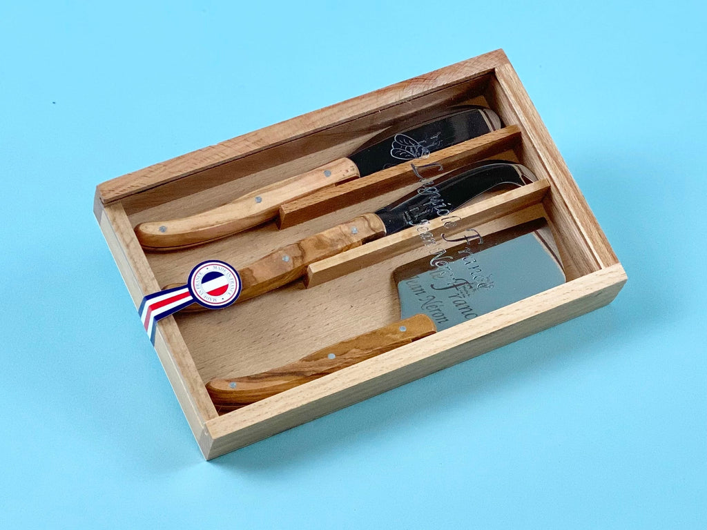 Laguiole 3 Piece Mini Cheese Utensil Set, Olivewood in Wood Box with Acrylic Lid