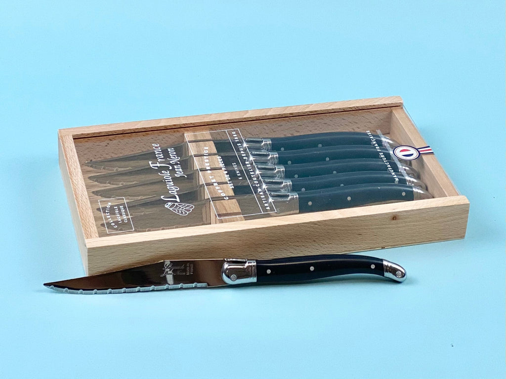Laguiole 6 Piece Steak Knife Set, Black in Wood Box with Acrylic Lid