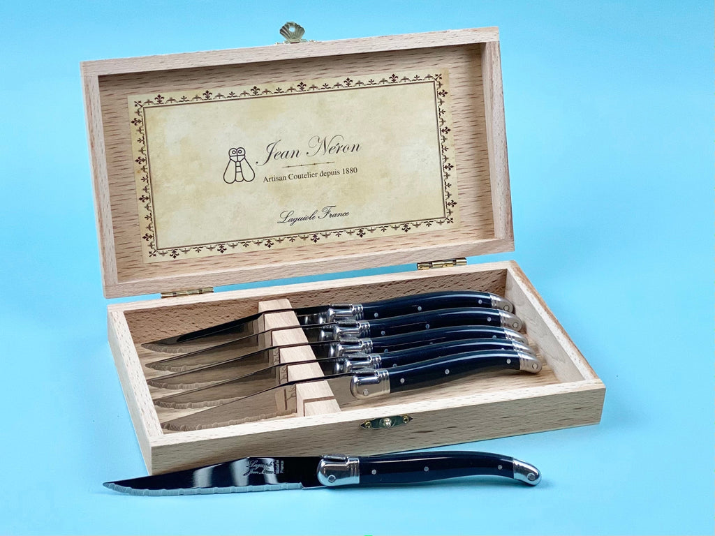 Laguiole 6 Piece Steak Knife Set, Black in Wood Presentation Box
