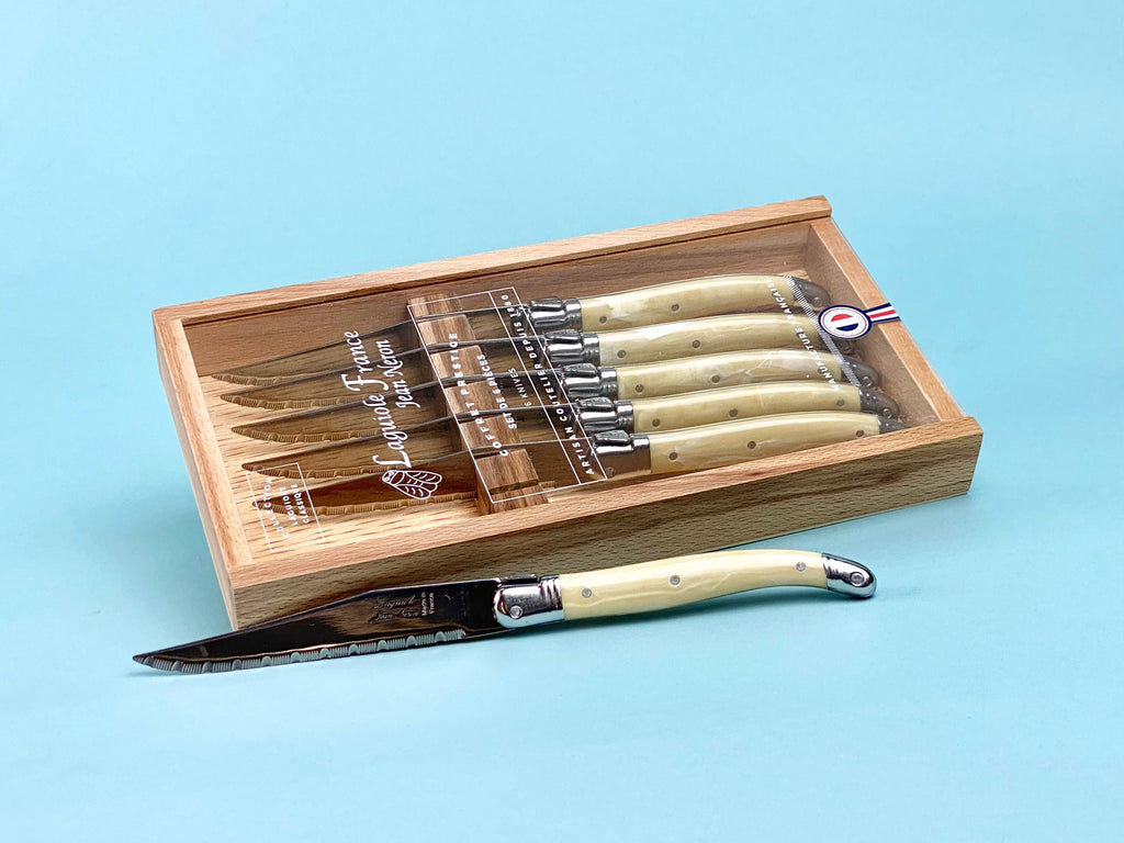 Laguiole 6 Piece Steak Knife Set, Pale Horn in Wood Box with Acrylic Lid