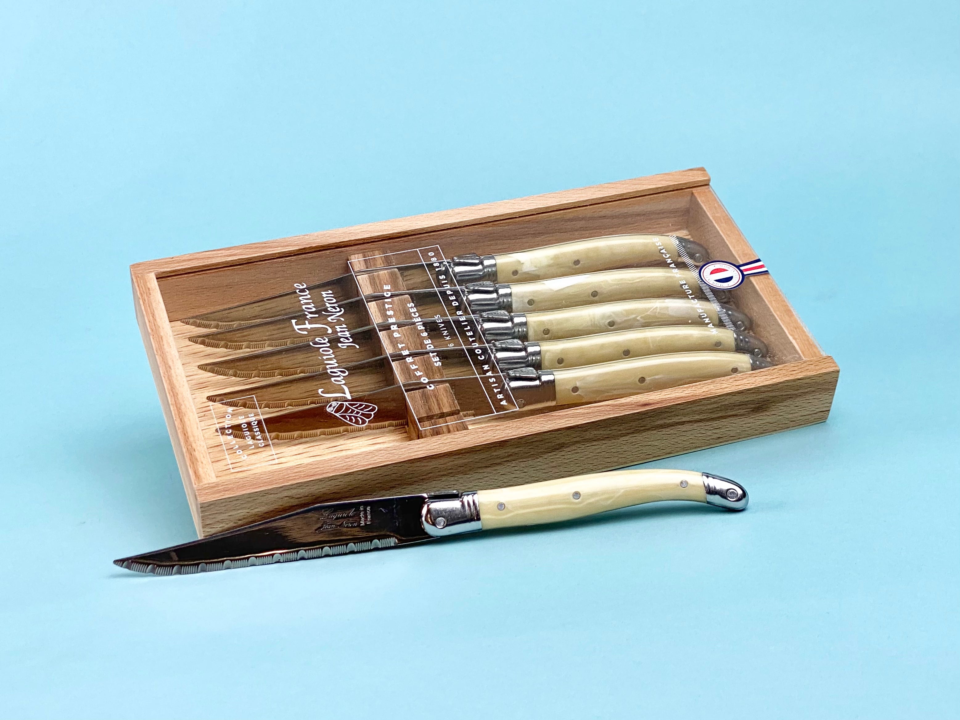 Laguiole 6 Piece Steak Knife Set, Pale Horn in Wood Box with Acrylic Lid