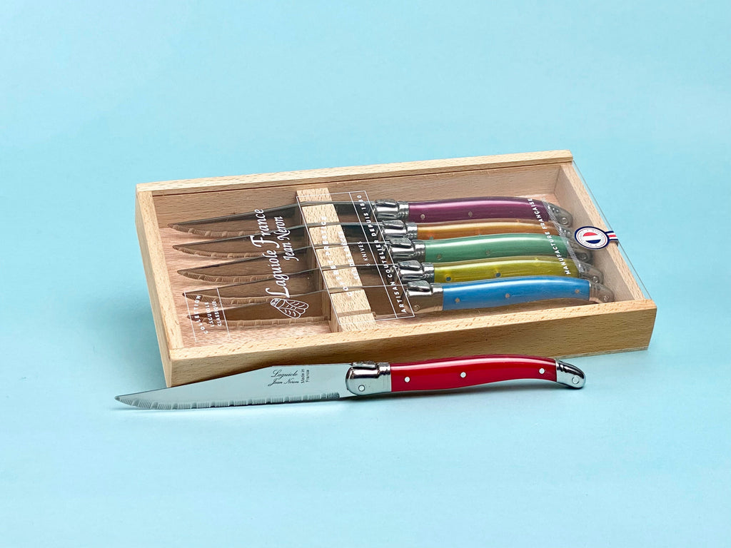 Laguiole 6 Piece Steak Knife Set, Rainbow in Wood Box with Acrylic Lid