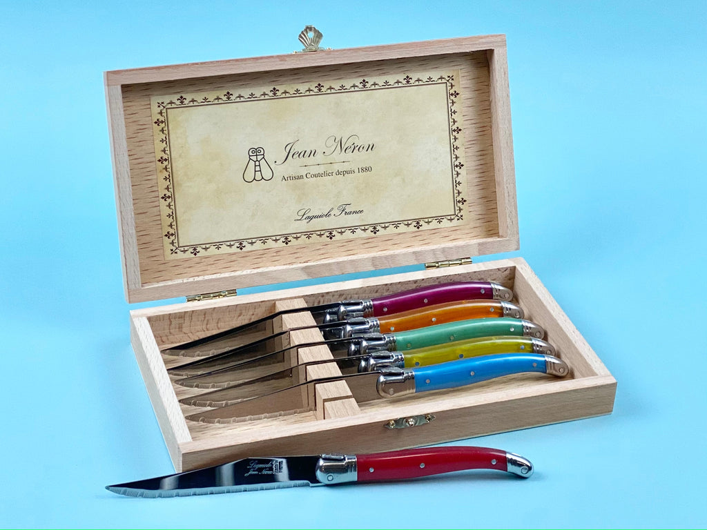 Laguiole 6 Piece Steak Knife Set, Rainbow in Wood Presentation Box