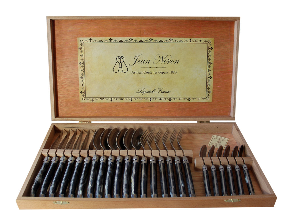 Laguiole 24 Piece Flatware Set, Platine Black Marble in Wood Presentation Box