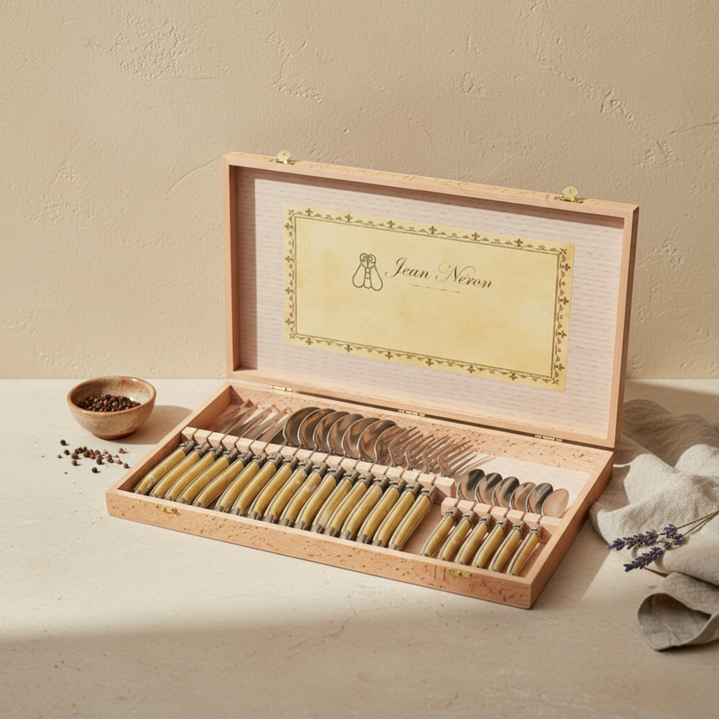Laguiole 24 Piece Flatware Set, Platine Pale Horn in Wood Presentation Box