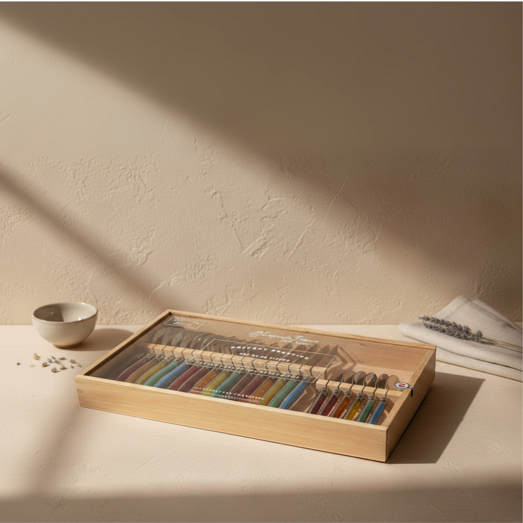 Laguiole 24 Piece Flatware Set, Platine Rainbow in Wood Box with Acrylic Lid