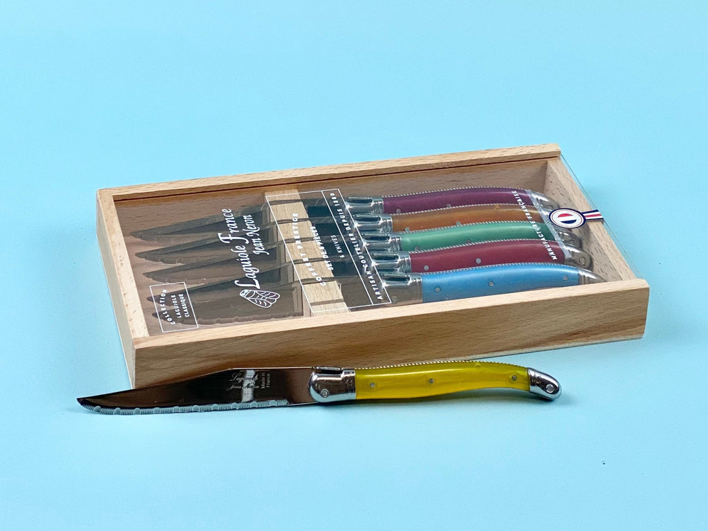 Laguiole 6 Piece Steak Knife Set, Platine Rainbow in Wood Box with Acrylic Lid