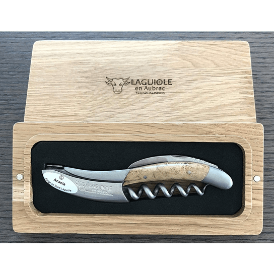 Pale acacia handled corkscrew in an open French oak gift box