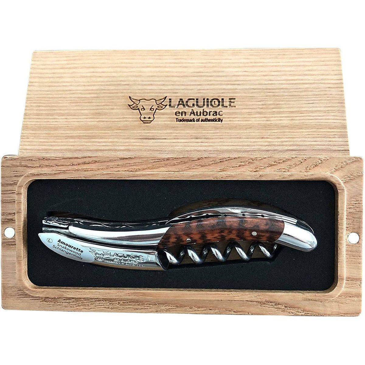Snakewood corkscrew in an open French oak gift box