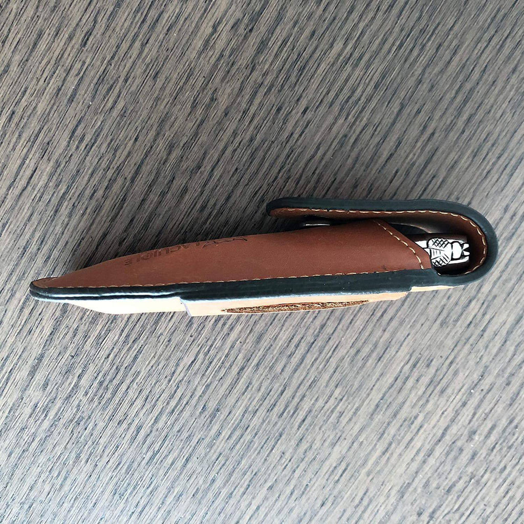 Folding knife tucked inside the brown sheath, seen from the side