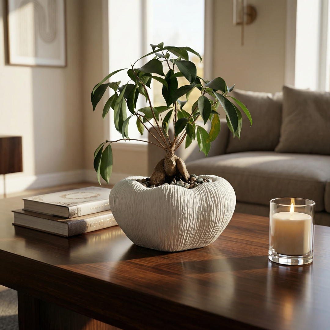 Zephyr Bowl, Artisan Cement Display Piece, Hand-painted in Linen White, 9.8"D x 5.5"H