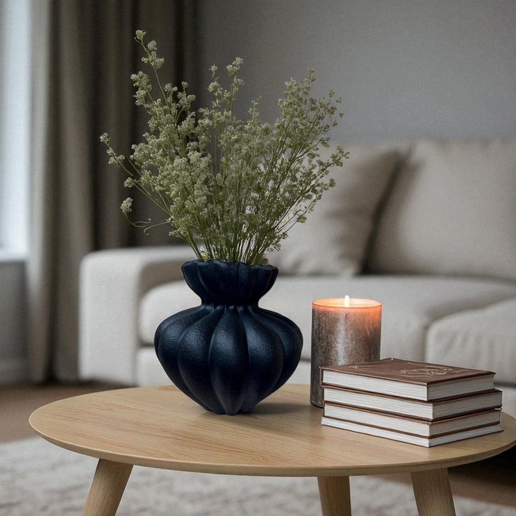 Ember Terracotta Vase, Hand-painted in Jet Black or Linen White, 8.6"D x 8.6"H