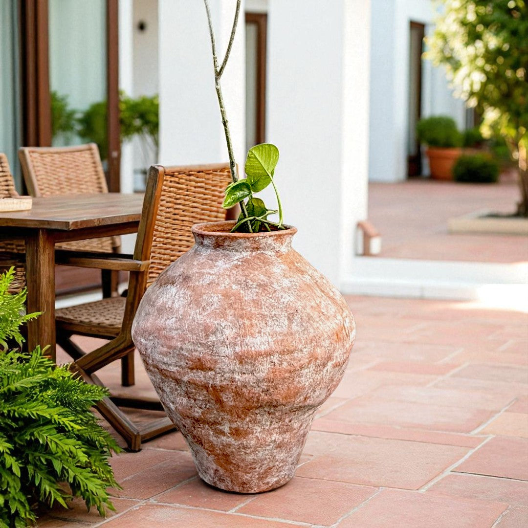 Mojave Rustique Fiber Clay Vessel, Hand-Painted in Aged Terracotta or Weathered Black, 15.7"D x 18.8"H